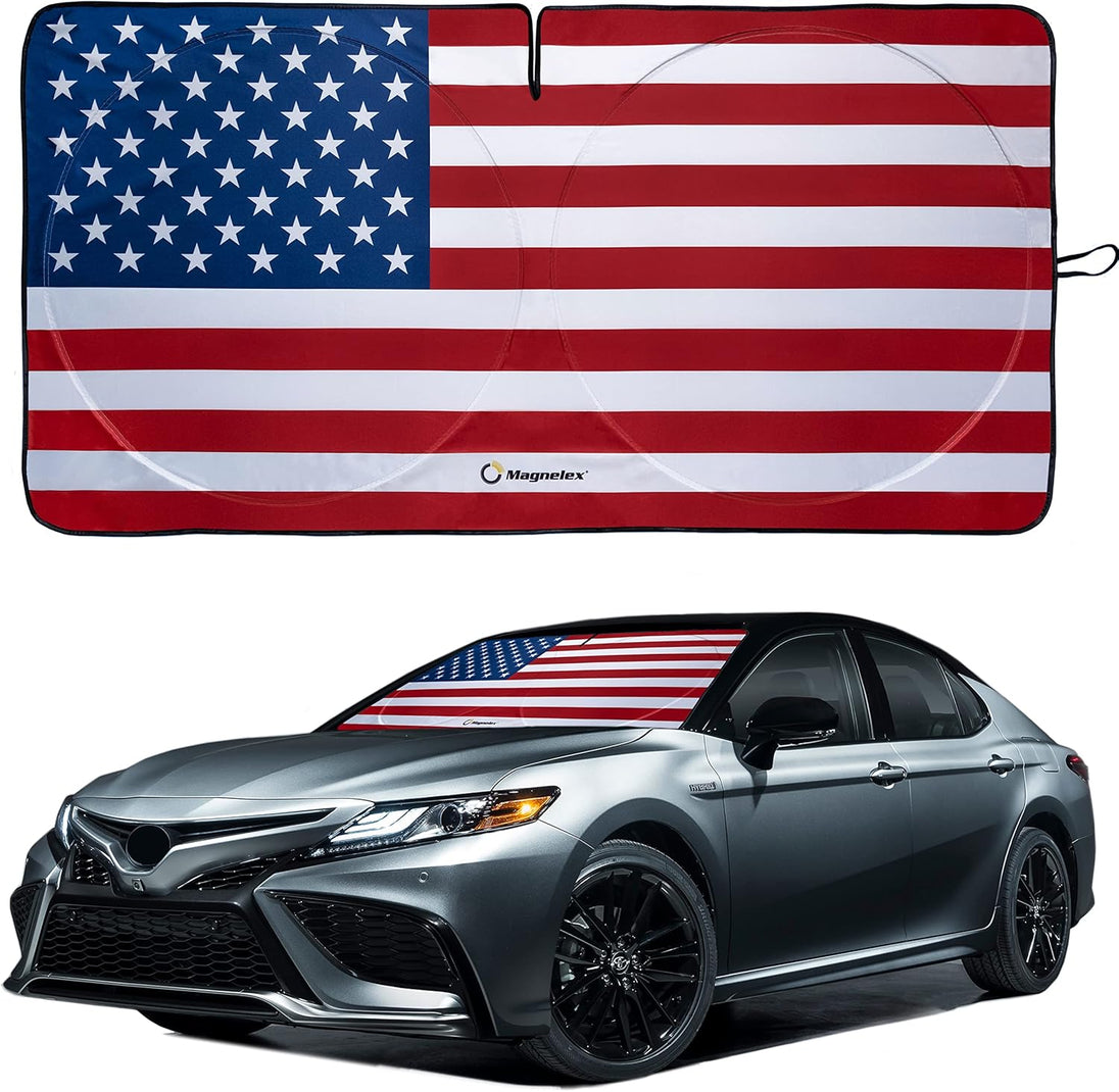 Car sunshade with American flag design and a car featuring an American flag decal on a white background.
