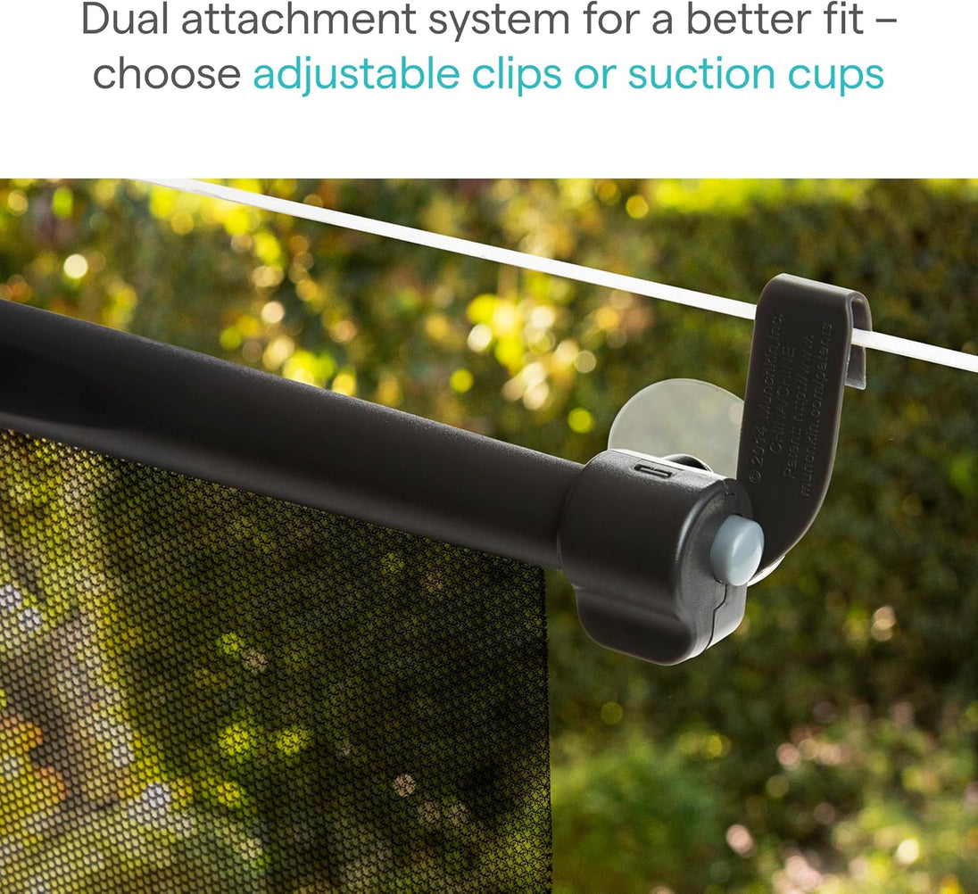 Close-up of a roller car side window sunshade showing a dual attachment system with adjustable clips and suction cups.