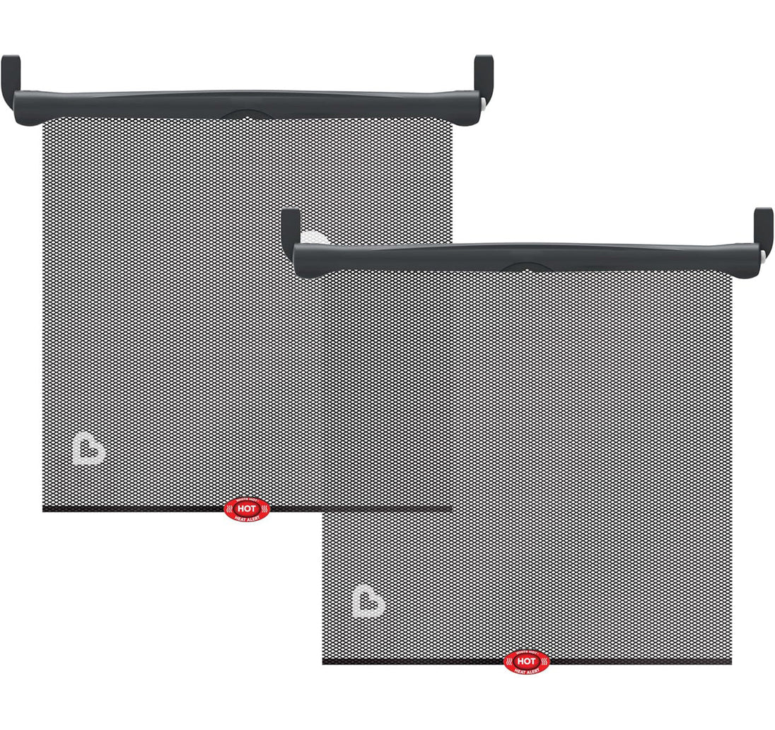 Pair of roller car side window sunshades with retractable mesh screens.