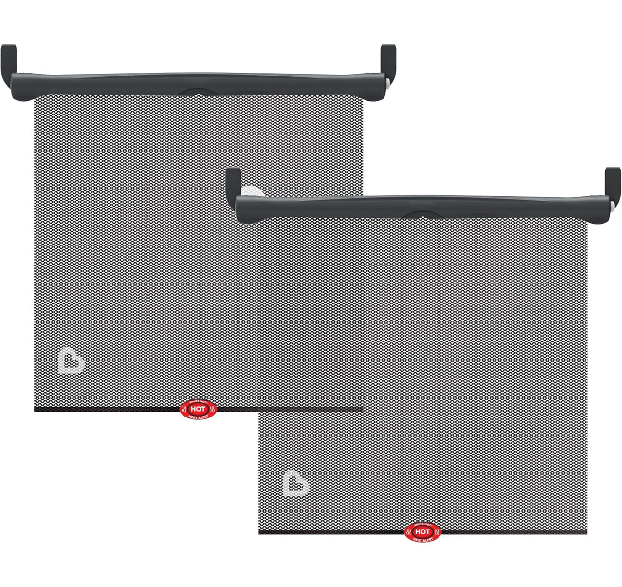 Pair of roller car side window sunshades with retractable mesh screens.