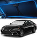 Custom-fit windshield sunshade installed inside a Lexus ES sedan, showing full windshield coverage with a centered rearview mirror cutout.