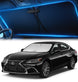 Custom-fit windshield sunshade installed inside a Lexus ES sedan, showing full windshield coverage with a centered rearview mirror cutout.
