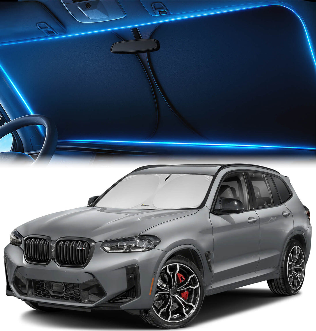 BMW X3 (2018–2025) equipped with a premium windshield sunshade for UV blocking and interior cooling.