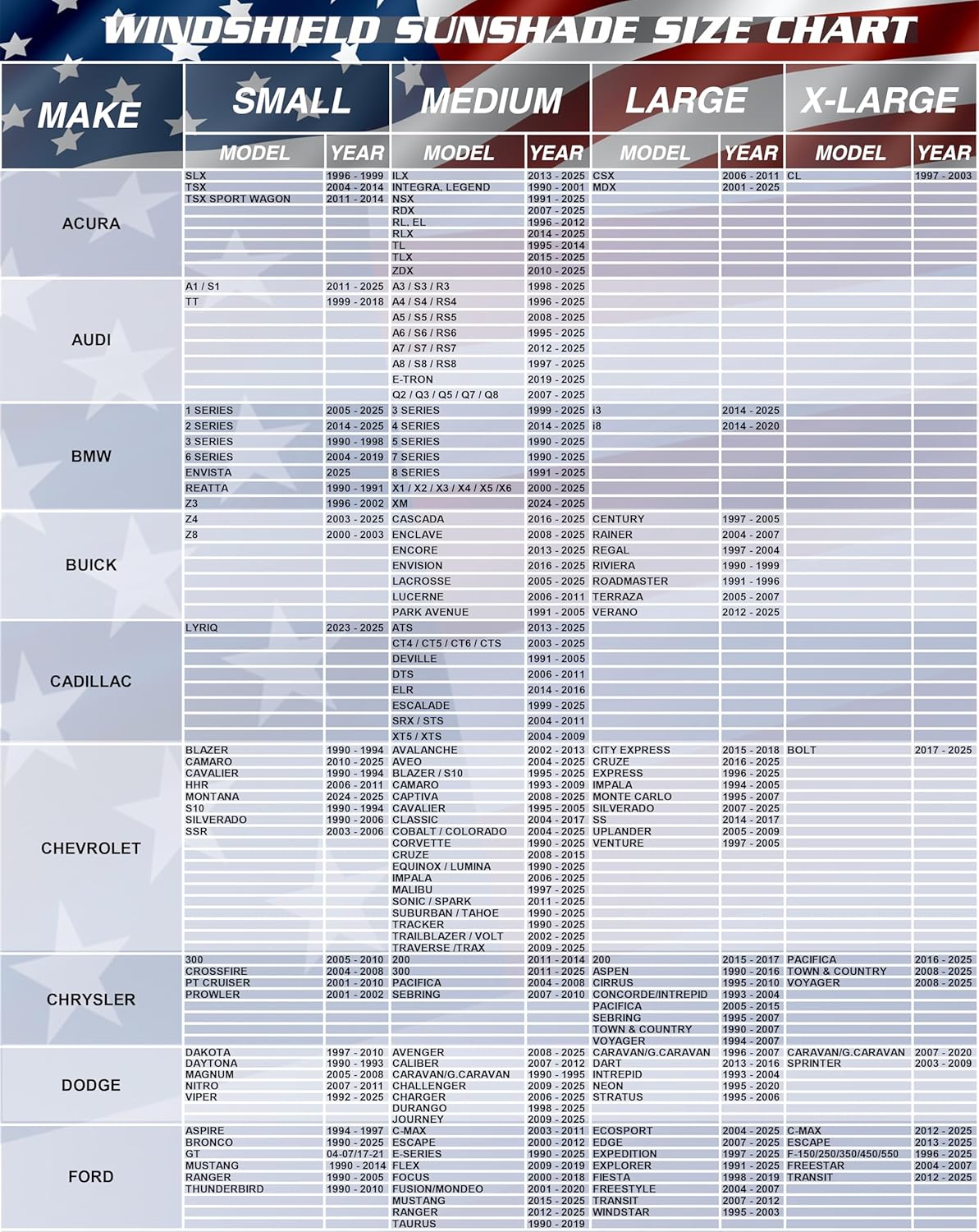 Windshield sunshade size chart showing Small, Medium, Large, and X-Large options by vehicle make, model, and year.