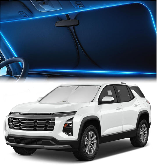 Chevrolet Equinox windshield sunshade installed, custom fit design providing heat and UV protection for SUV interior