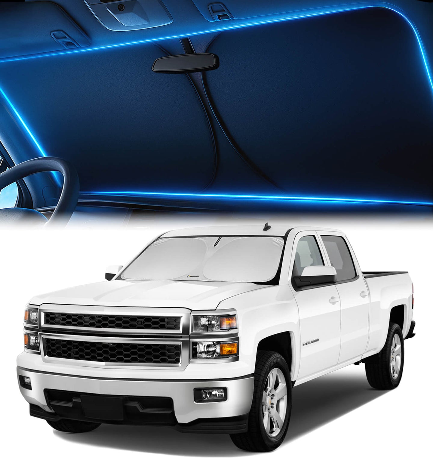 Chevrolet Silverado pickup (2014–2019) featuring a windshield sunshade for interior heat reduction.