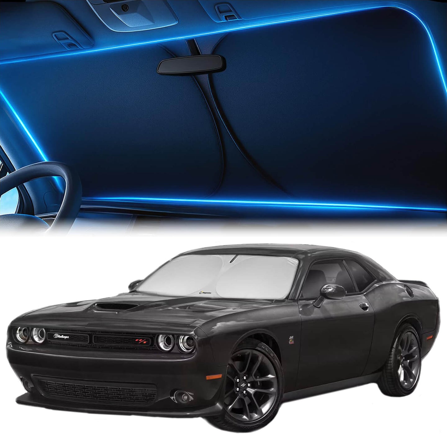 Dodge Challenger (2015–2023) featuring a precision-fit windshield sunshade to reduce interior heat and sun glare.