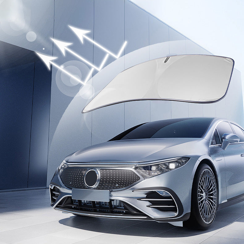 Windshield sunshade reflecting sunlight away from car windshield for heat reduction