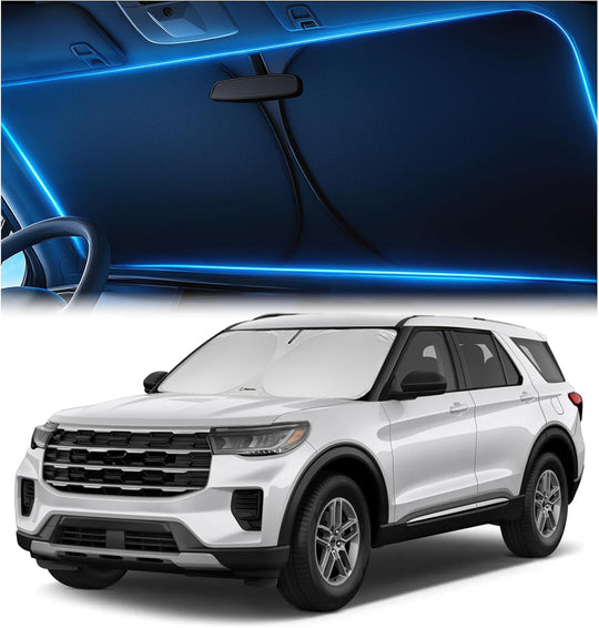 Ford Explorer windshield sunshade installed, custom fit design providing heat and UV protection for SUV interior