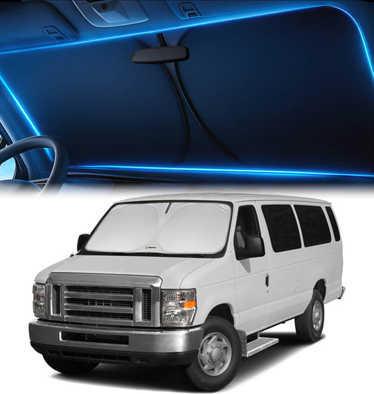 Ford Econoline van (1992–2026) equipped with a custom-fit windshield sunshade for maximum UV and heat protection.