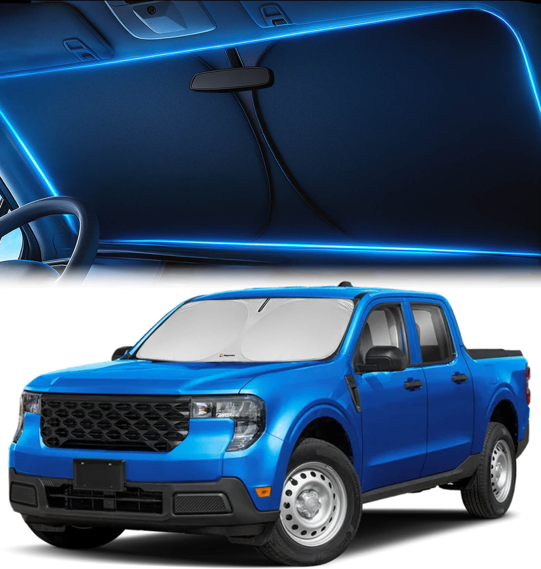 Ford Maverick pickup (2022–2026) equipped with a custom-fit windshield sunshade for everyday sun protection.