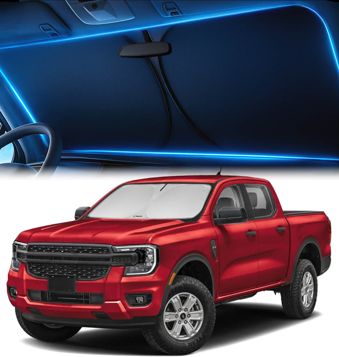 Ford Ranger pickup (2019–2026) featuring a windshield sunshade designed for off-road and extreme heat protection.