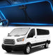 Ford Transit van (2015–2026) equipped with a custom-fit windshield sunshade for commercial heat and UV protection.