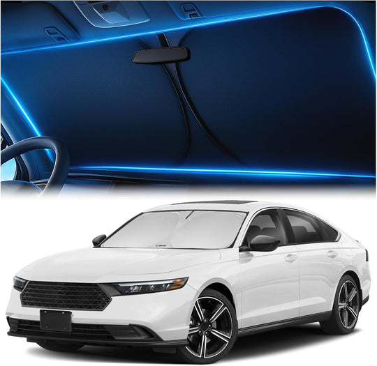 Honda Accord windshield sunshade installed, custom fit design providing heat and UV protection for SUV interior