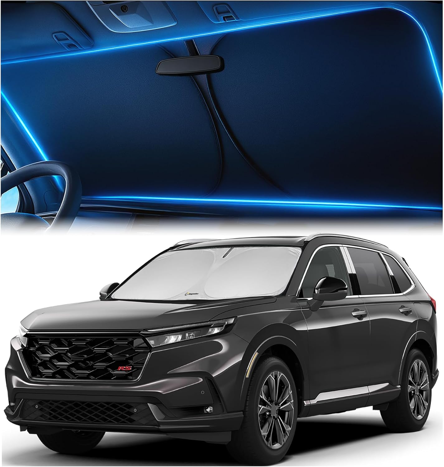 Honda CR-V windshield sunshade installed, custom fit design providing heat and UV protection for SUV interior