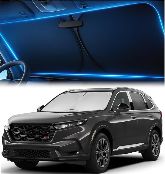 Honda CR-V windshield sunshade installed, custom fit design providing heat and UV protection for SUV interior