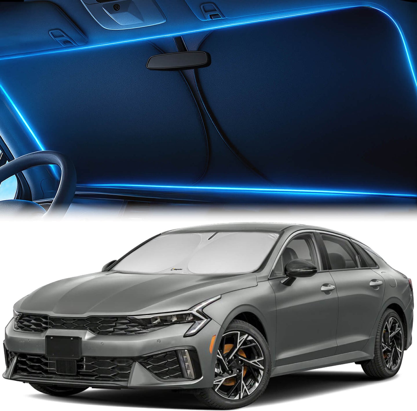Kia K5 sedan (2021–2025) equipped with a custom-fit windshield sunshade for daily sun and temperature control.