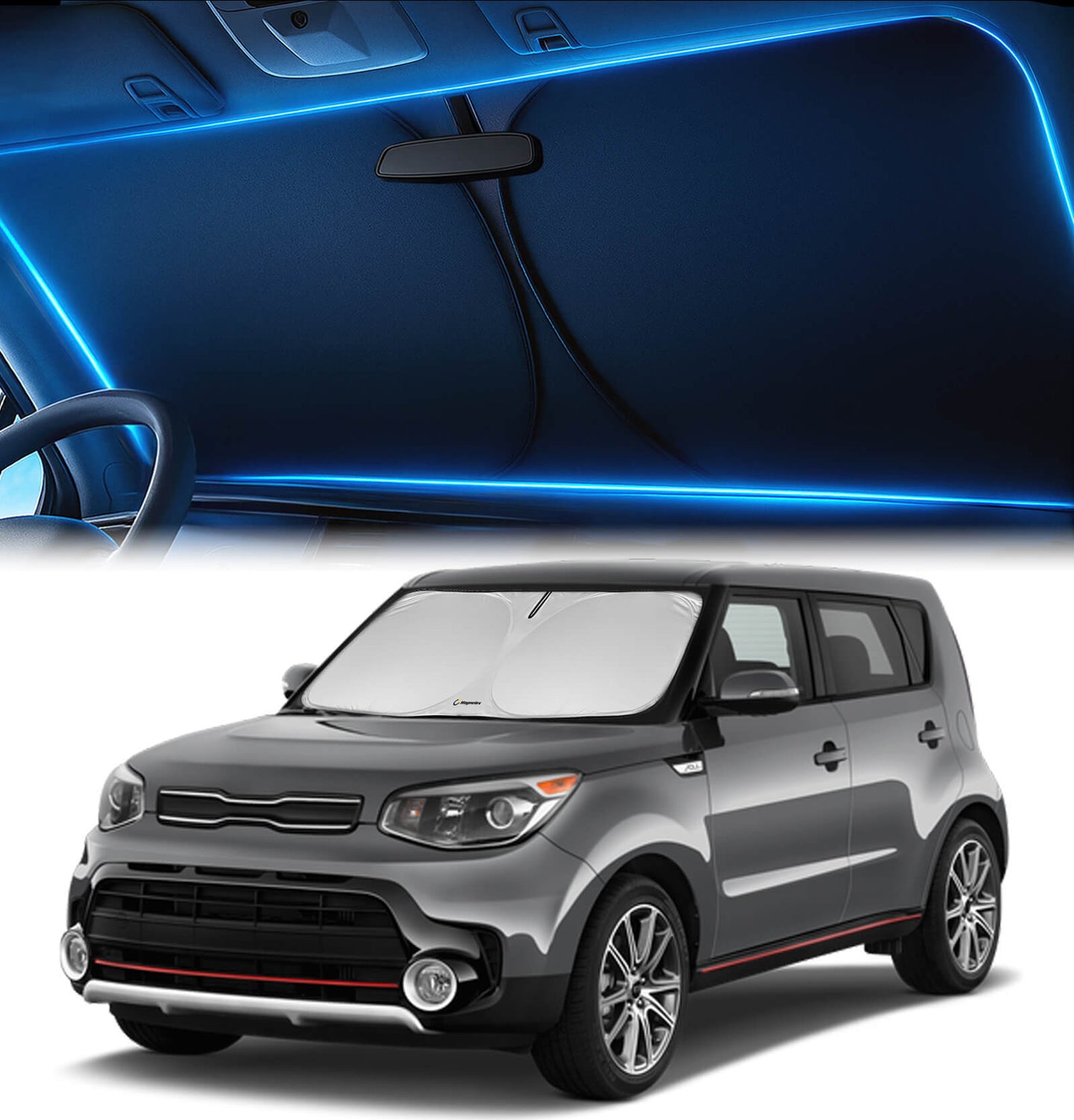 Kia Soul (2014–2019) featuring a windshield sunshade designed to block UV rays and reduce cabin heat.