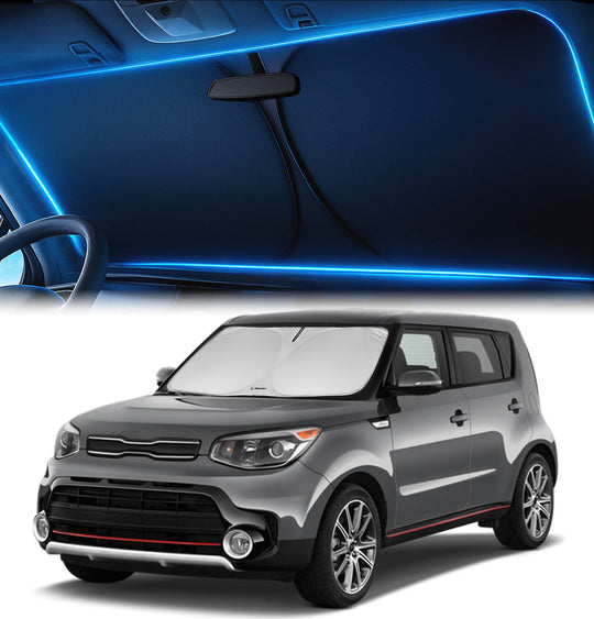 Kia Soul (2014–2019) featuring a windshield sunshade designed to block UV rays and reduce cabin heat.