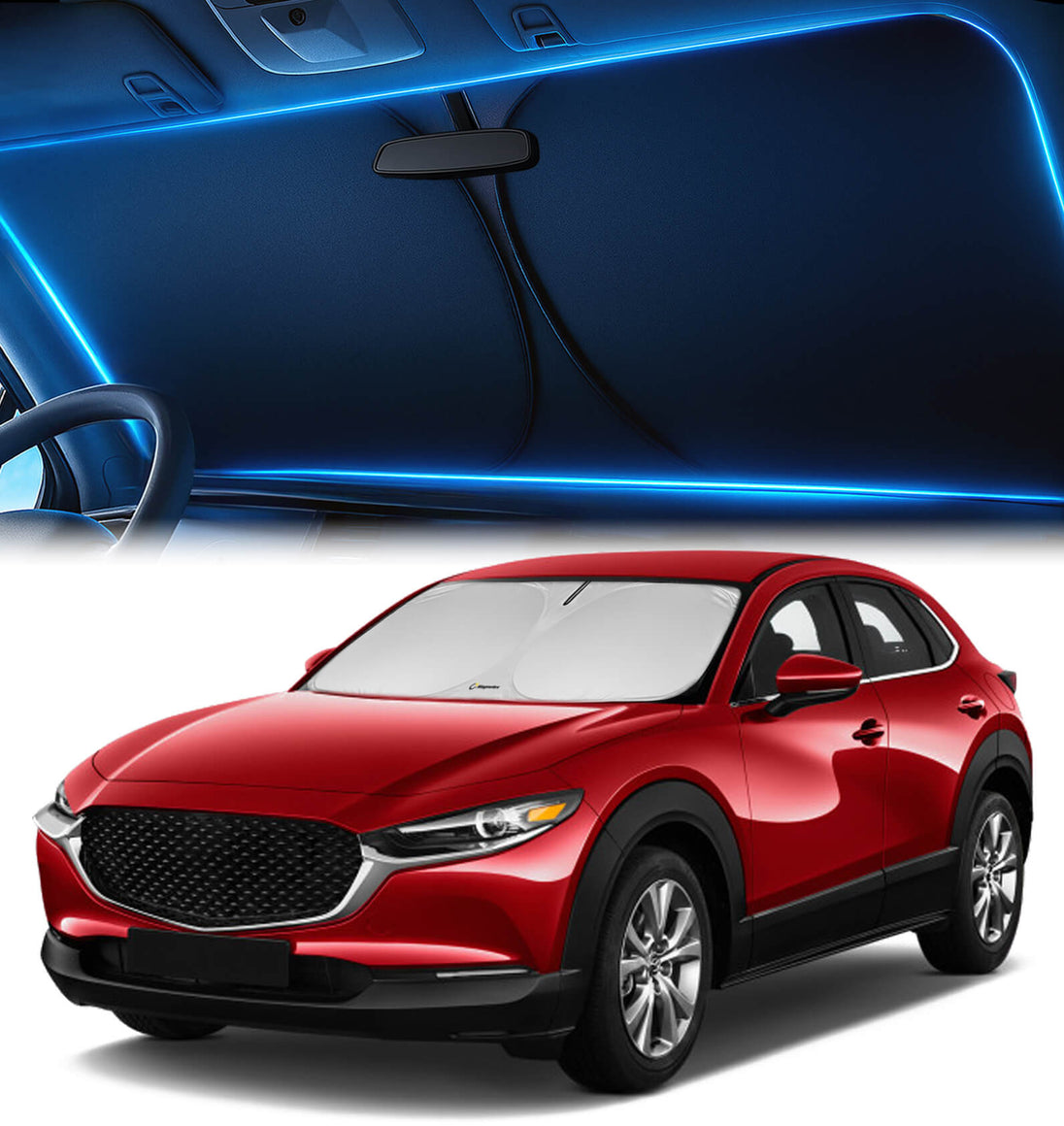 Mazda CX-30 (2019–2025) equipped with a precision-fit windshield sunshade for enhanced interior comfort.