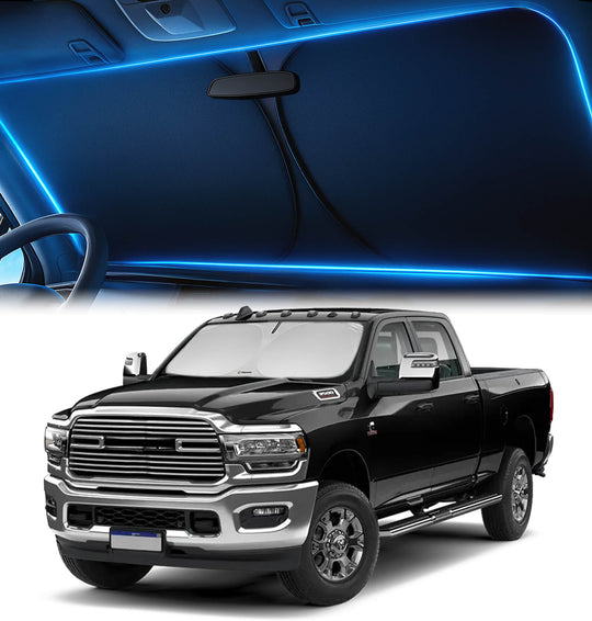 RAM 3500 heavy-duty truck (2010–2026) equipped with a windshield sunshade for maximum heat and UV protection.