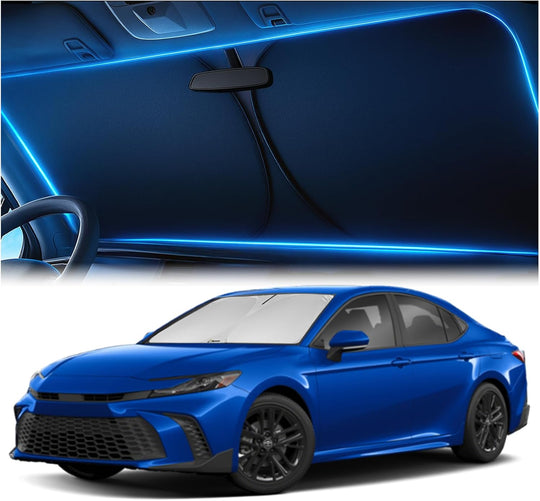 Toyota Camry windshield sunshade installed, custom fit design providing heat and UV protection for SUV interior