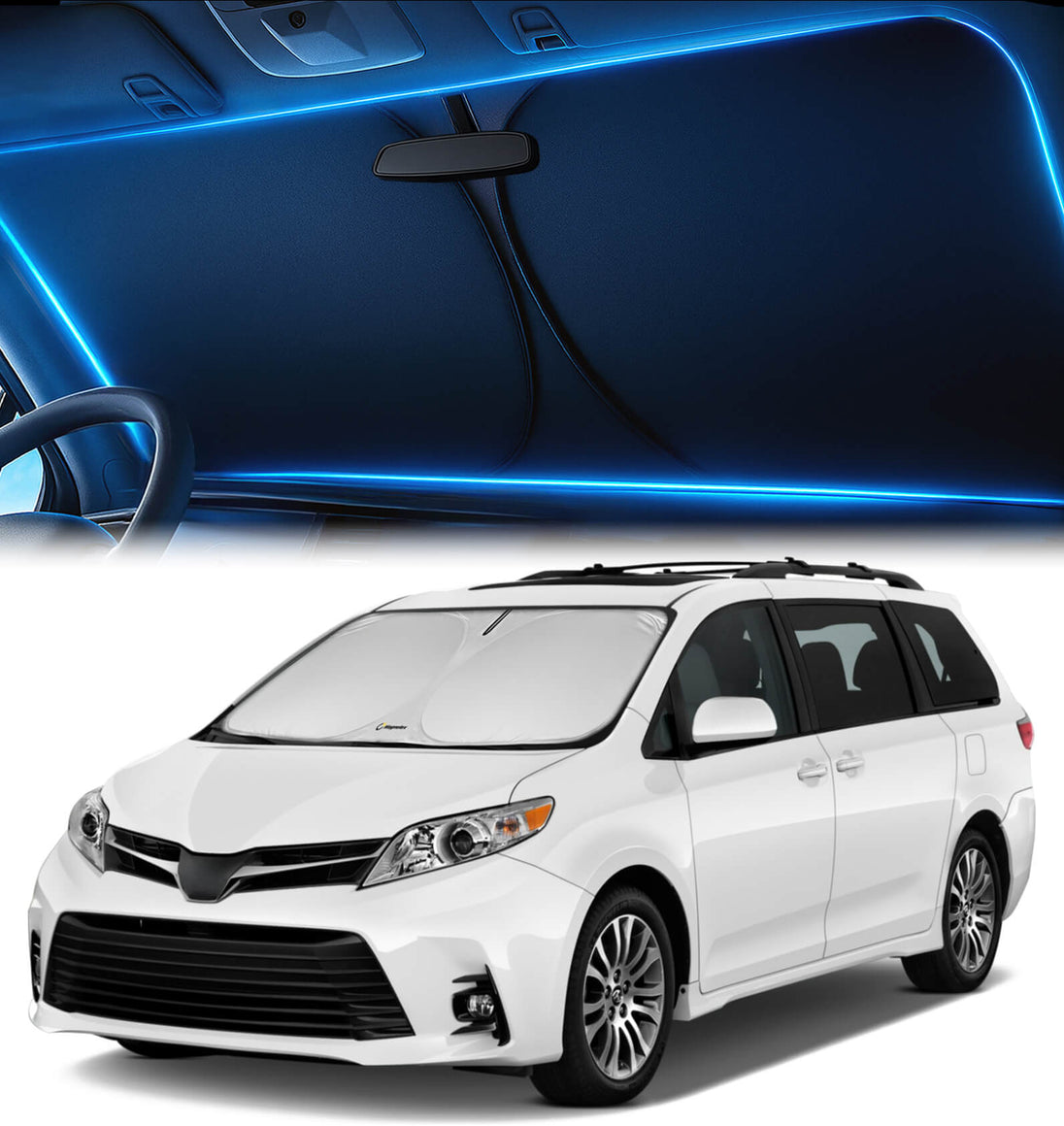 Toyota Sienna 2011–2020 minivan equipped with a custom-fit windshield sunshade for family comfort.