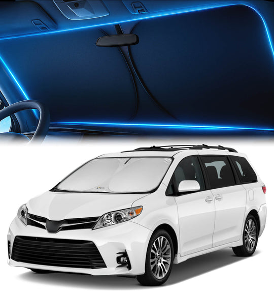 Toyota Sienna 2011–2020 minivan equipped with a custom-fit windshield sunshade for family comfort.