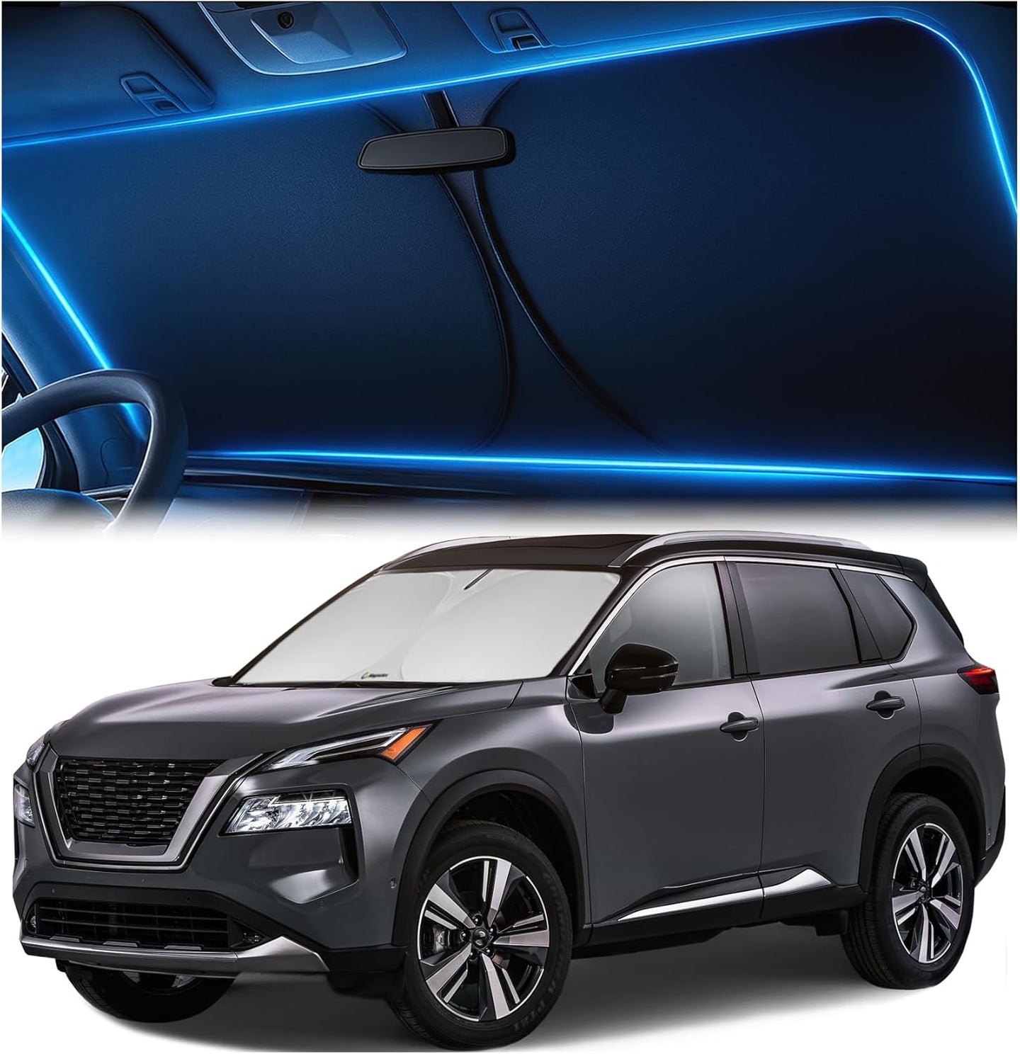 Nissan Rogue SUV with custom-fit windshield sunshade installed, showing interior heat and UV protection