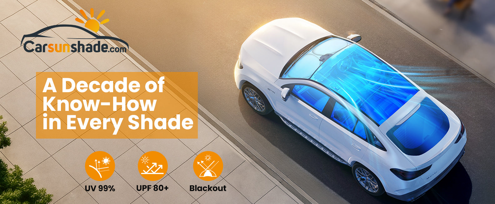 Custom windshield sunshade demonstrating UV 99% and UPF 80+ protection in car
