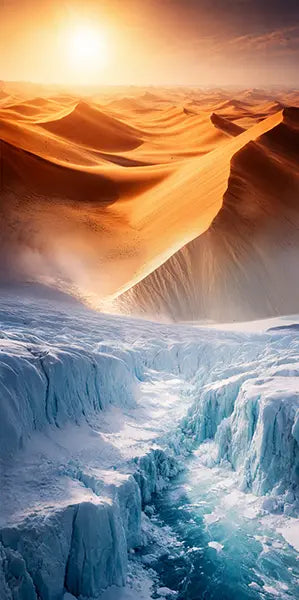 A surreal landscape showing golden sand dunes under a low sun, transitioning into a deep icy canyon with blue glacier walls and flowing water.