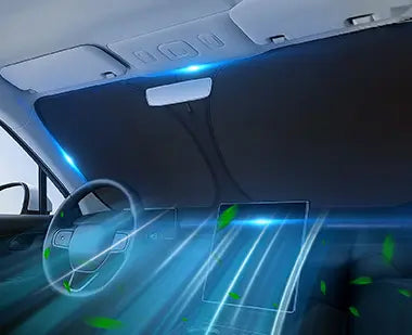 A windshield sunshade installed inside a car, blocking sunlight and reducing heat while airflow is illustrated inside the vehicle.